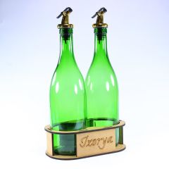 Lazer Kesim Stantlı Zeytinyağı Şişe Seti 2’li Yağdanlık Sosluk Sirkelik 2×750 ml Açık Yeşil Gold Renk Akıtıcılı